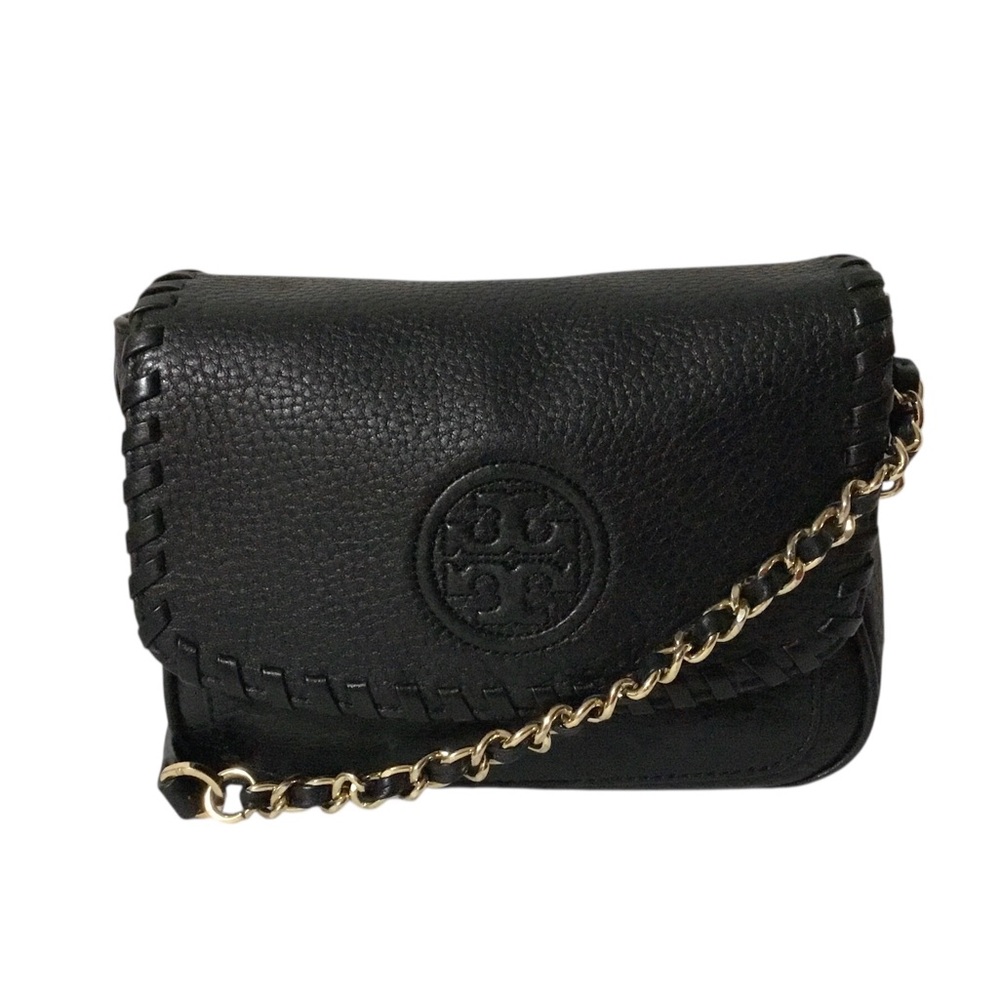 Tory Burch Black Leather Whipstitch Crossbody with Gold Chain